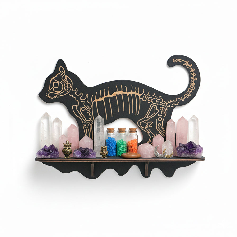 FNYDOXGI Skeleton Cat Crystal Display Shelf, Rock Gem Stone Holder, Essential Oils Nail Polish Organizer, Trinket Knick Knack Shelf Wall Mounted, Witch Witchy Wiccan Home Decor