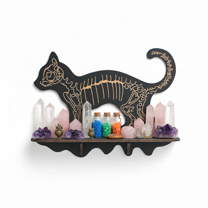 FNYDOXGI Skeleton Cat Crystal Display Shelf, Rock Gem Stone Holder, Essential Oils Nail Polish Organizer, Trinket Knick Knack Shelf Wall Mounted, Witch Witchy Wiccan Home Decor