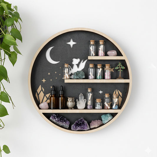 Crystal Shelf Display For Wall, Crystal Display Shelf Moon Wooden Fairy Crescent Moon Shelf Wall Decor, Decorative Home Floating Shelf Stone Storage Gem Holder Boho Hanging Organizer