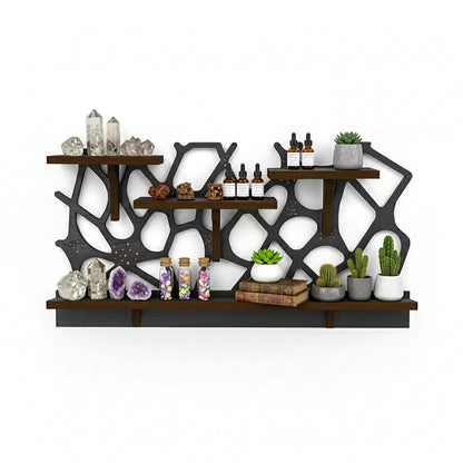 Spider Web Floating Shelf - FNYDOXGI Gothic Halloween Hanging Shelf with Hooks for Wall Oddities and Curiosities - Black Spooky Goth Wall Decor for Kitchen and Home - Crystal Display Shelf for Stones