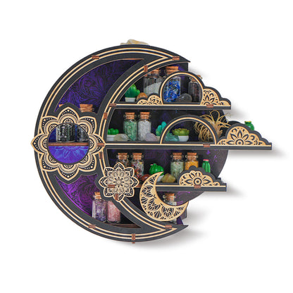 FNYDOXGI Wooden Floating Shelf, Gothic Trinket Display Shelf & Crescent Moon Wall Decor For Rocks Gems Healing Stones Crystals Display, Celestial Decor Crystal Holder Witchy Wall Decor