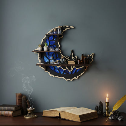 FNYDOXGI Floating Shelf-Wiccan Moon Phase Decorative Display Shelf with Crystal Accents, Compact Wooden Wall-Mounted Design for Organizing Collectibles, Crystals, Rocks, and Small Ornaments, Halloween Decoration, Wall Decor, Best Choice Of Gift