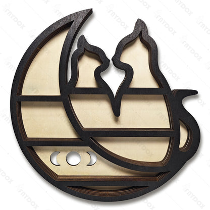 Rustic Cat On The Moon Wooden Crystal Shelf Display
