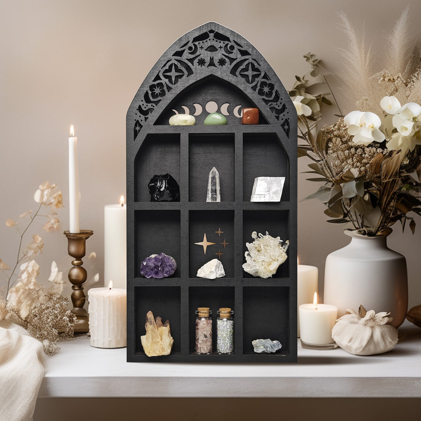 Black Moth Crystal Display Shelf Wooden Moon Shelf