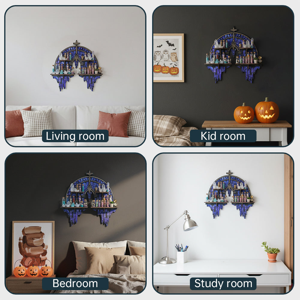 Crescent Moon Shelf, Gothic Trinket Display Shelf & Moon Wall Light For Rocks Gems Healing Stones Crystals Display, Celestial Decor Crystal Holder Witchy Wall Decor