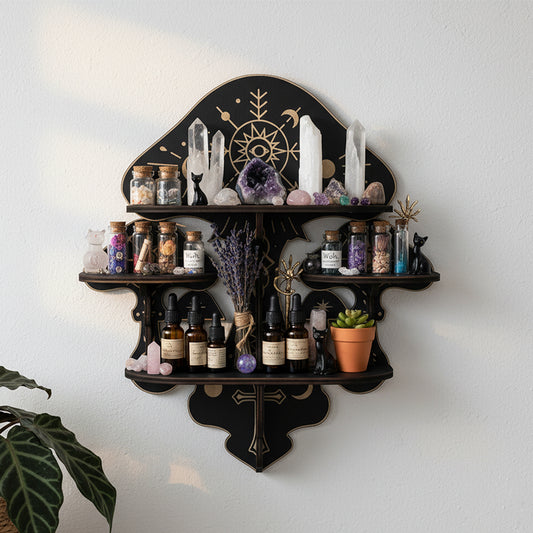 Wooden Mushroom Floating Shelves, Crystal Display Shelf For Wall, Wiccan Incantation Mushroom Wall Decor, Rock Gem Stone Storage Organizer, Essential Oil Holder Hanging Case, Meditation Art Spiritual Gift