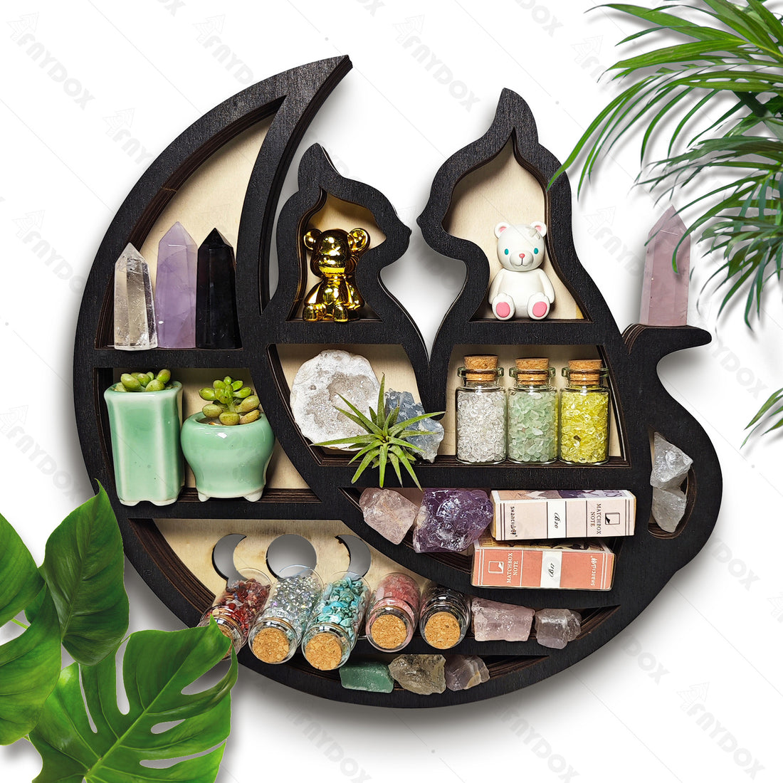 Rustic Cat On The Moon Wooden Crystal Shelf Display