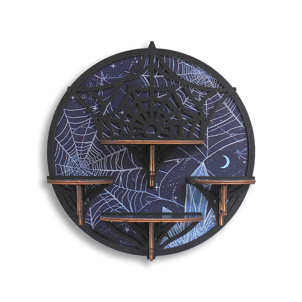 [Floating Shelf]1pc Wooden Wall Shelf, Halloween Decor, Spider Web Crystal Display Shelf For Living Room, Bedroom, Rock Gem Stone Desktop Storage Organizer, Essential Oil Holder Hanging Case, Meditation Art Spiritual Gift, Wall Decoration