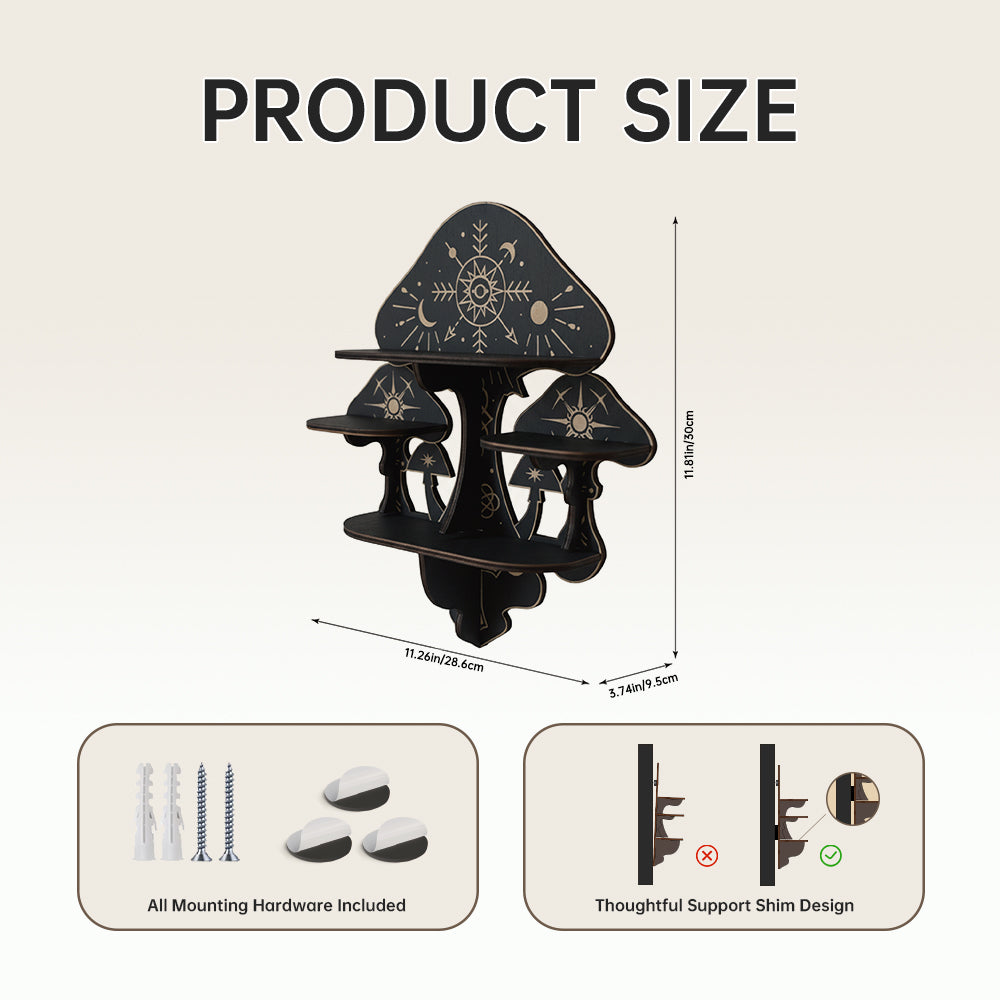 Wooden Mushroom Floating Shelves, Crystal Display Shelf For Wall, Wiccan Incantation Mushroom Wall Decor, Rock Gem Stone Storage Organizer, Essential Oil Holder Hanging Case, Meditation Art Spiritual Gift