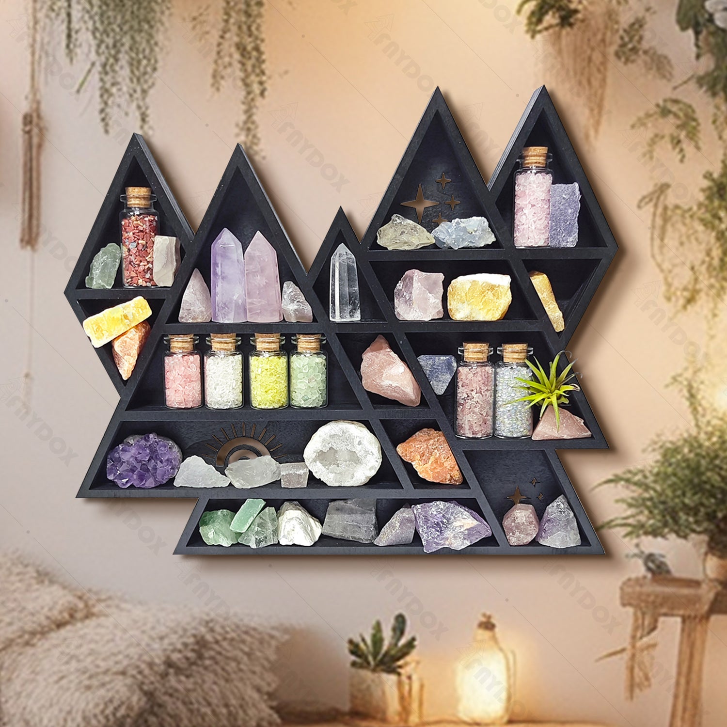 Witchy decor crystal shelf with warm colors and natural wood grain
