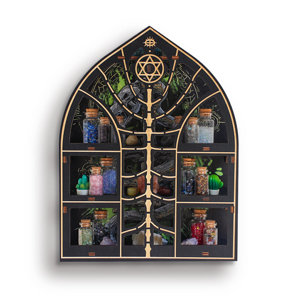 FNYDOXGI Wooden Floating Shelf, Gothic Trinket Display Shelf &amp; Crescent Moon Wall Decor For Rocks Gems Healing Stones Crystals Display, Celestial Decor Crystal Holder Witchy Wall Decor, Halloween Decoration, Halloween Wall Decor Gift