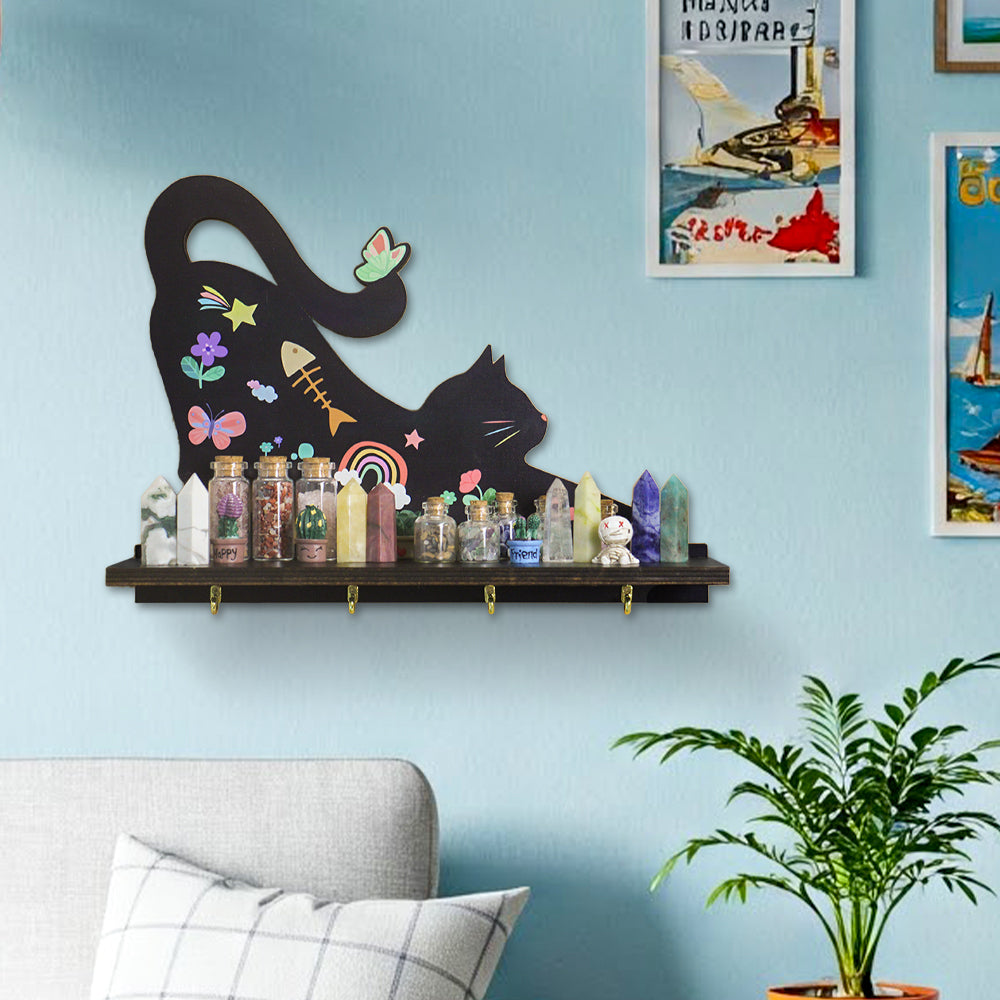 Wooden Floating Shelves for Wall, Cat Shape Wall Shelf Wall Decor Crystal Rock Gem Stone Display Shelf, Trinket Knick Knack Shelf