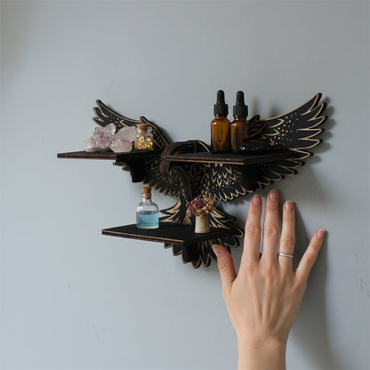 Griffin Floating Shelf - Gothic Halloween Hanging Shelf with Hooks for Wall Oddities and Curiosities - Black Spooky Goth Wall Decor for Kitchen and Home - Crystal Display Shelf for Stones