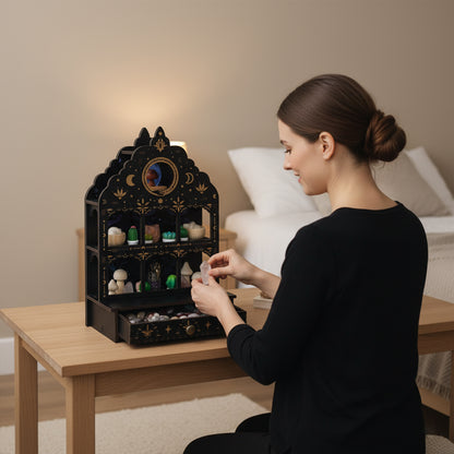 [Pedestals]1pc Wooden Wall Pedestals, Crystal Display Shelf For Living Room, Bedroom, Rock Gem Stone Desktop Storage Organizer, Essential Oil Holder Hanging Case, Meditation Art Spiritual Gift, Moon & Star Wall Decoration, Perfect Gift