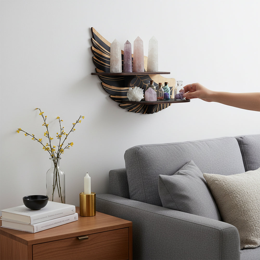 Griffin Wings Crystal Display Shelf, Rock Gem Stone Holder, Essential Oils Nail Polish Organizer, Trinket Knick Knack Shelf Wall Mounted, Witch Witchy Wiccan Home Decor