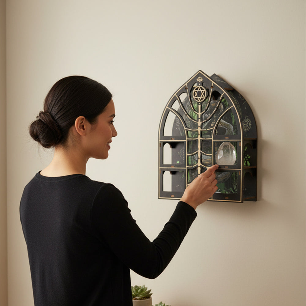 FNYDOXGI Wooden Floating Shelf, Gothic Trinket Display Shelf & Crescent Moon Wall Decor For Rocks Gems Healing Stones Crystals Display, Celestial Decor Crystal Holder Witchy Wall Decor, Halloween Decoration, Halloween Wall Decor Gift