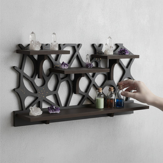 Spider Web Floating Shelf - FNYDOXGI Gothic Halloween Hanging Shelf with Hooks for Wall Oddities and Curiosities - Black Spooky Goth Wall Decor for Kitchen and Home - Crystal Display Shelf for Stones