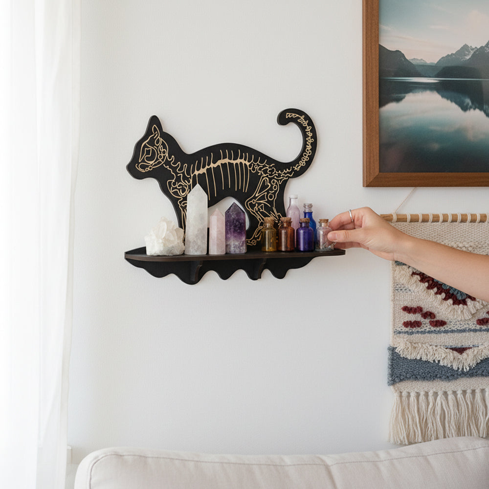 FNYDOXGI Skeleton Cat Crystal Display Shelf, Rock Gem Stone Holder, Essential Oils Nail Polish Organizer, Trinket Knick Knack Shelf Wall Mounted, Witch Witchy Wiccan Home Decor