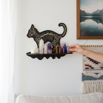 FNYDOXGI Skeleton Cat Crystal Display Shelf, Rock Gem Stone Holder, Essential Oils Nail Polish Organizer, Trinket Knick Knack Shelf Wall Mounted, Witch Witchy Wiccan Home Decor