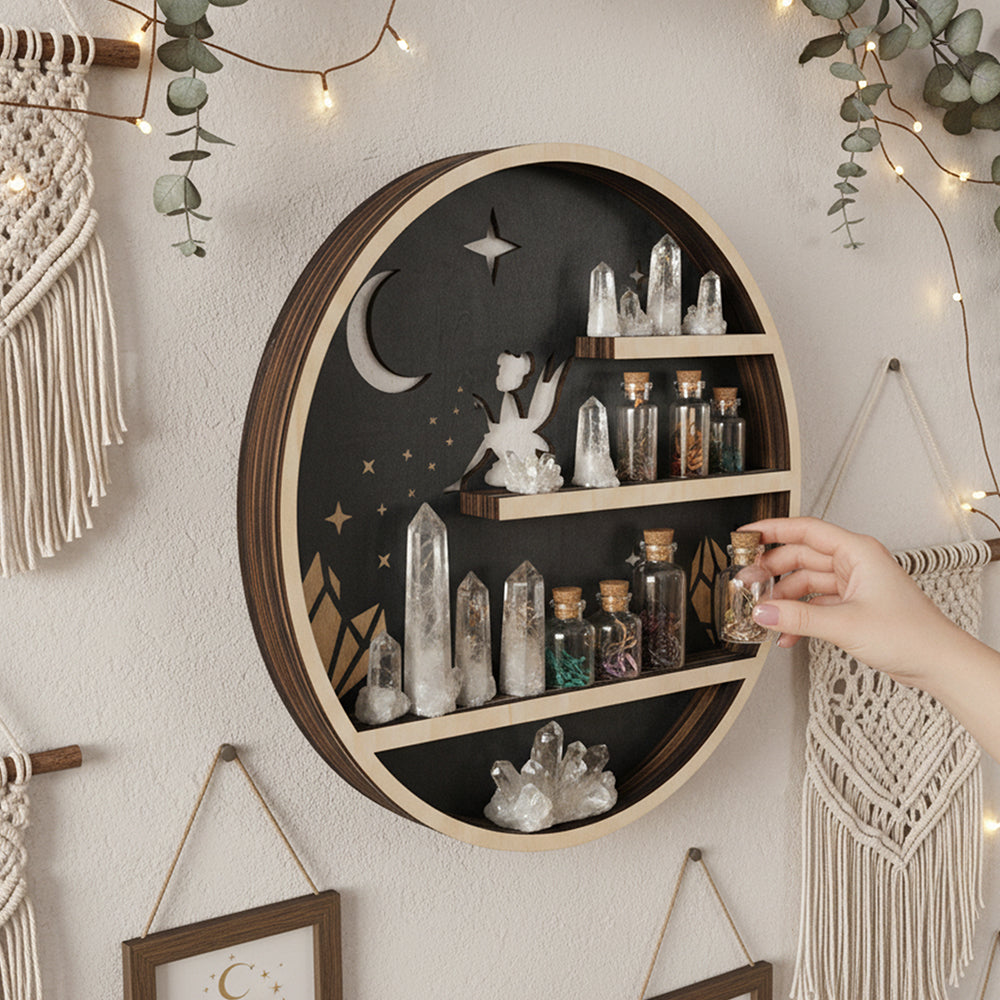 Crystal Shelf Display For Wall, Crystal Display Shelf Moon Wooden Fairy Crescent Moon Shelf Wall Decor, Decorative Home Floating Shelf Stone Storage Gem Holder Boho Hanging Organizer