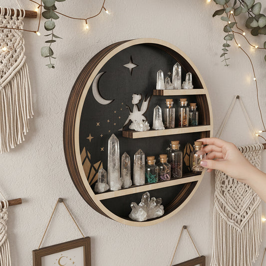 Crystal Shelf Display For Wall, Crystal Display Shelf Moon Wooden Fairy Crescent Moon Shelf Wall Decor, Decorative Home Floating Shelf Stone Storage Gem Holder Boho Hanging Organizer