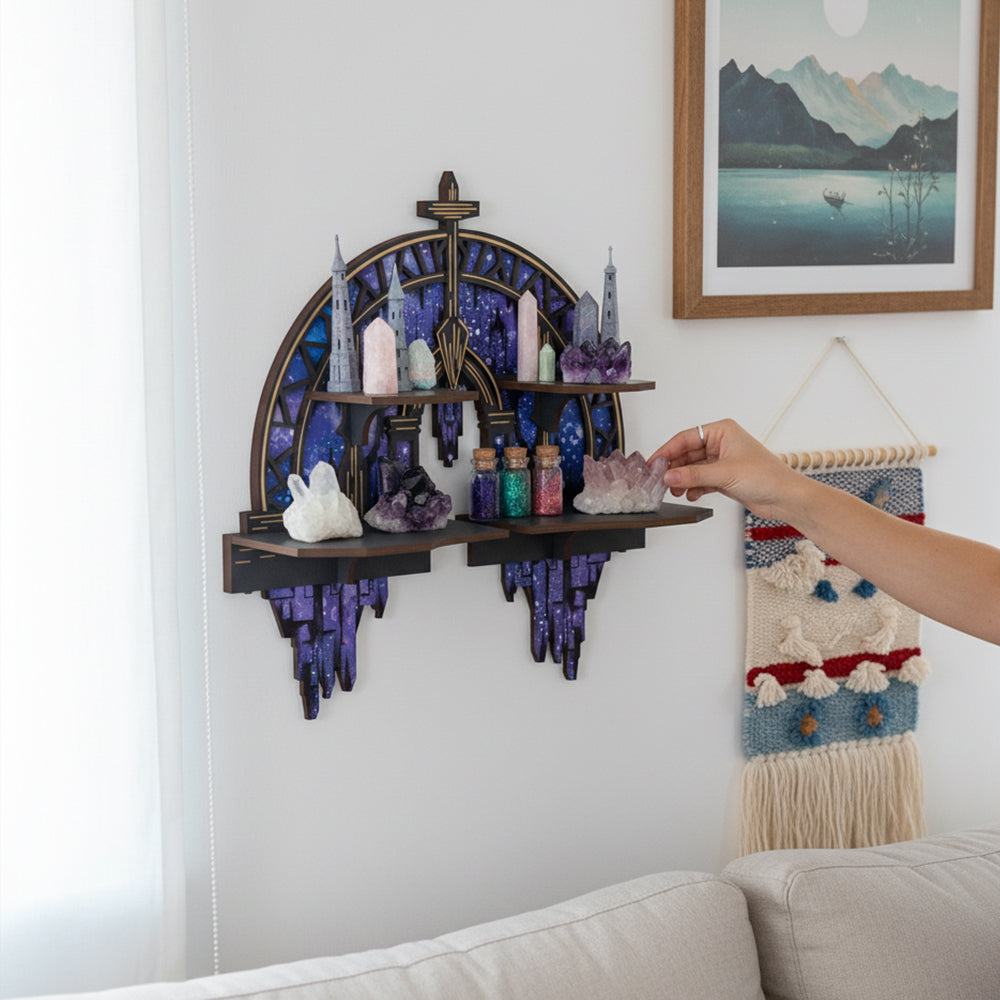 Crescent Moon Shelf, Gothic Trinket Display Shelf & Moon Wall Light For Rocks Gems Healing Stones Crystals Display, Celestial Decor Crystal Holder Witchy Wall Decor