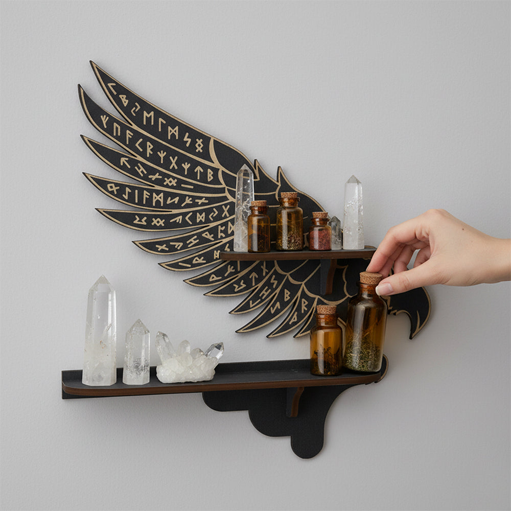 Griffin Floating Shelf - Gothic Halloween Hanging Shelf with Hooks for Wall Oddities and Curiosities - Black Spooky Goth Wall Decor for Kitchen and Home - Crystal Display Shelf for Stones
