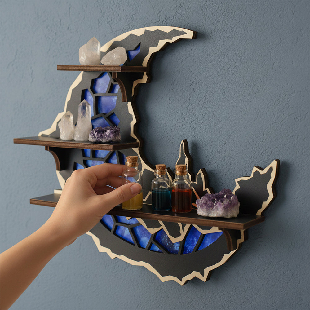 FNYDOXGI Floating Shelf-Wiccan Moon Phase Decorative Display Shelf with Crystal Accents, Compact Wooden Wall-Mounted Design for Organizing Collectibles, Crystals, Rocks, and Small Ornaments, Halloween Decoration, Wall Decor, Best Choice Of Gift