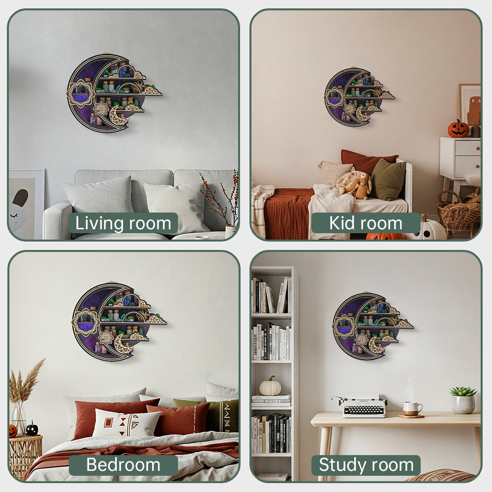 FNYDOXGI Wooden Floating Shelf, Gothic Trinket Display Shelf & Crescent Moon Wall Decor For Rocks Gems Healing Stones Crystals Display, Celestial Decor Crystal Holder Witchy Wall Decor