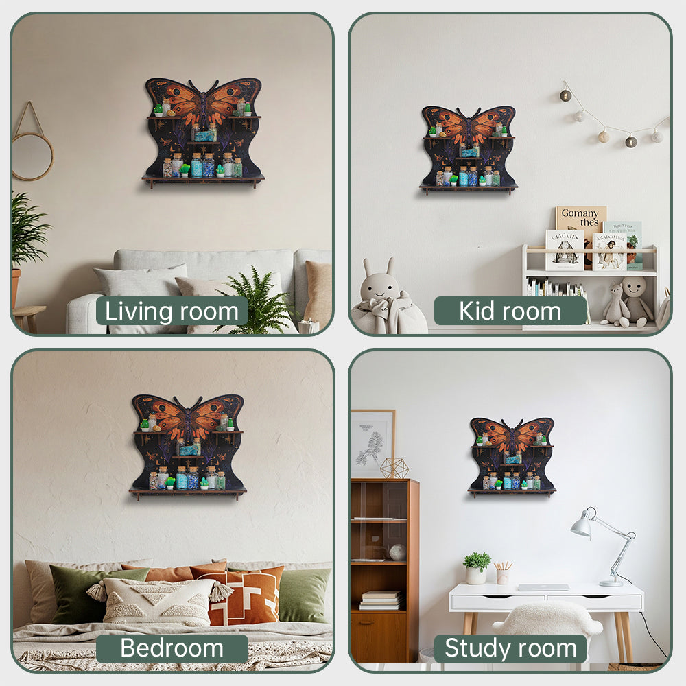 FNYDOXGI Butterfly Crystal Shelf Display, Boho Pine Wood Wall Floating Shelves With Light For Gem Stone Essential Oil Storage, Bohemian Wooden Butterfly Hanging Witch Rustic Decor Holder