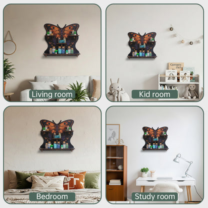 FNYDOXGI Butterfly Crystal Shelf Display, Boho Pine Wood Wall Floating Shelves With Light For Gem Stone Essential Oil Storage, Bohemian Wooden Butterfly Hanging Witch Rustic Decor Holder