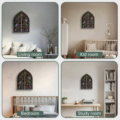 FNYDOXGI Wooden Floating Shelf, Gothic Trinket Display Shelf & Crescent Moon Wall Decor For Rocks Gems Healing Stones Crystals Display, Celestial Decor Crystal Holder Witchy Wall Decor, Halloween Decoration, Halloween Wall Decor Gift