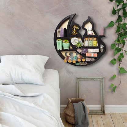 Rustic Cat On The Moon Wooden Crystal Shelf Display