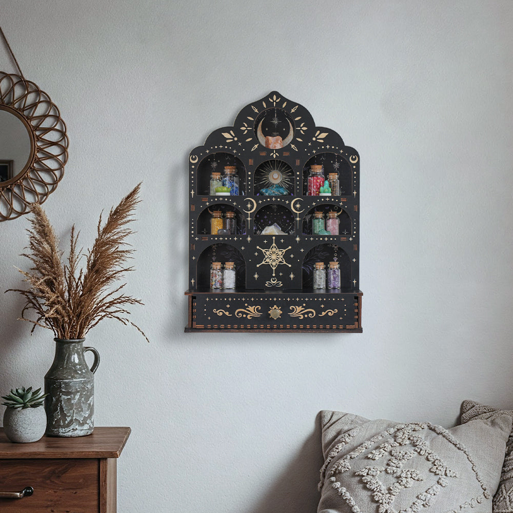 [Pedestals]1pc Wooden Wall Pedestals, Crystal Display Shelf For Living Room, Bedroom, Rock Gem Stone Desktop Storage Organizer, Essential Oil Holder Hanging Case, Meditation Art Spiritual Gift, Moon & Star Wall Decoration, Perfect Gift（副本）