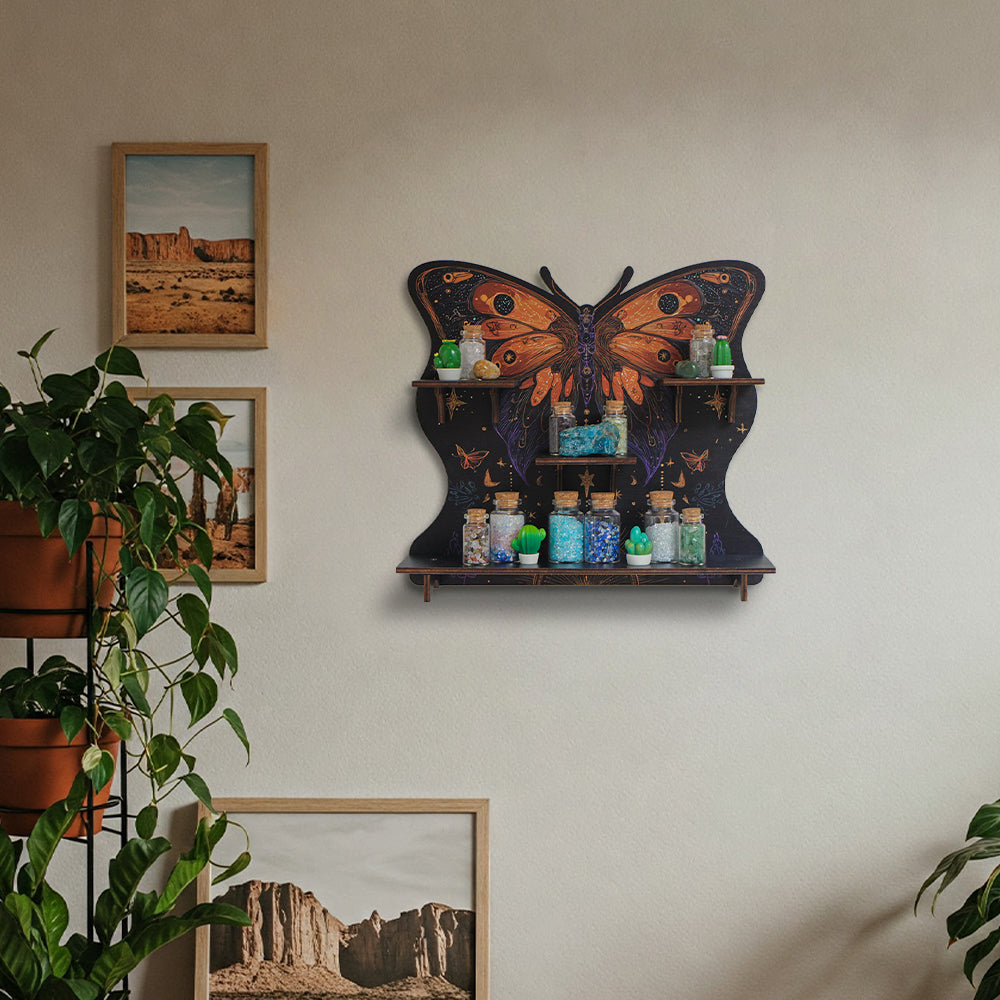 FNYDOXGI Butterfly Crystal Shelf Display, Boho Pine Wood Wall Floating Shelves With Light For Gem Stone Essential Oil Storage, Bohemian Wooden Butterfly Hanging Witch Rustic Decor Holder