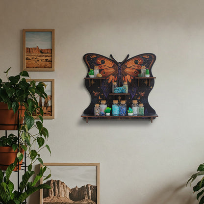 FNYDOXGI Butterfly Crystal Shelf Display, Boho Pine Wood Wall Floating Shelves With Light For Gem Stone Essential Oil Storage, Bohemian Wooden Butterfly Hanging Witch Rustic Decor Holder
