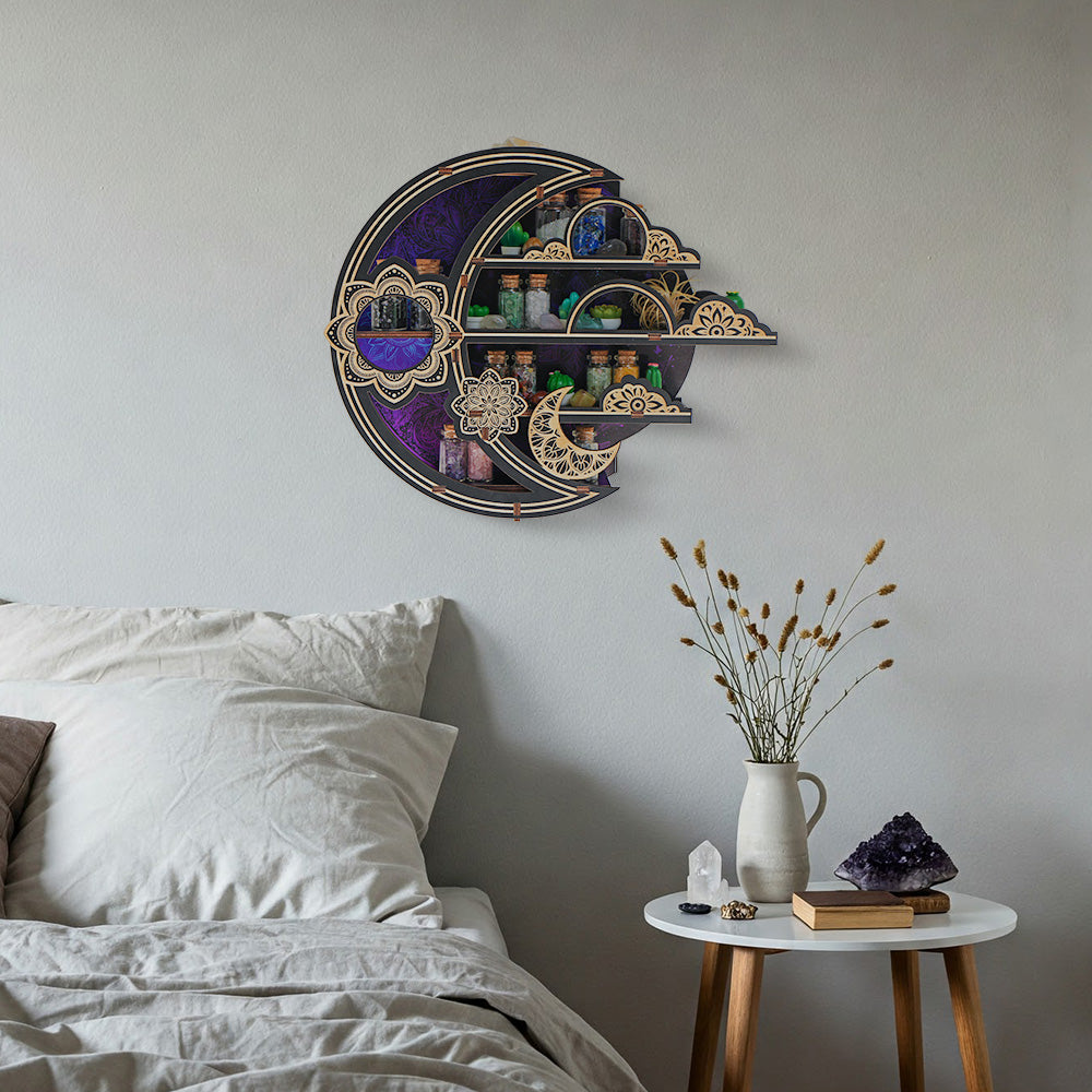 FNYDOXGI Wooden Floating Shelf, Gothic Trinket Display Shelf & Crescent Moon Wall Decor For Rocks Gems Healing Stones Crystals Display, Celestial Decor Crystal Holder Witchy Wall Decor