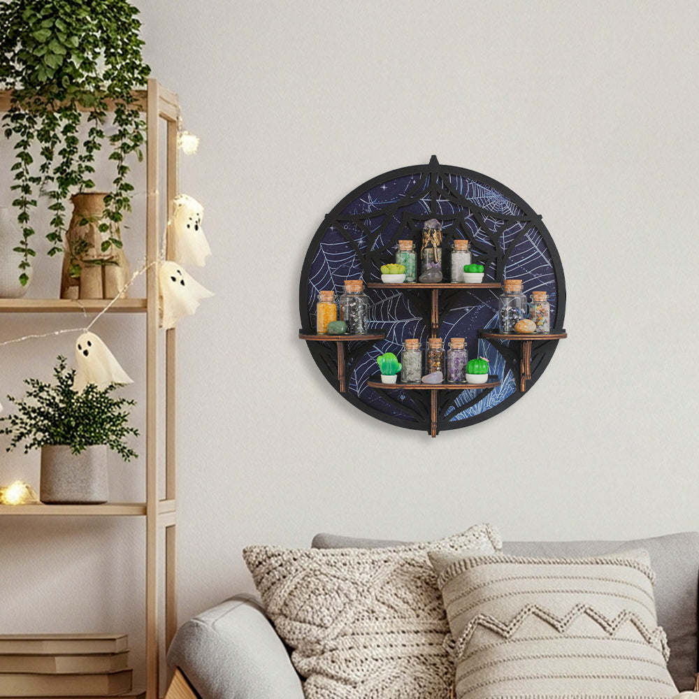 [Floating Shelf]1pc Wooden Wall Shelf, Halloween Decor, Spider Web Crystal Display Shelf For Living Room, Bedroom, Rock Gem Stone Desktop Storage Organizer, Essential Oil Holder Hanging Case, Meditation Art Spiritual Gift, Wall Decoration