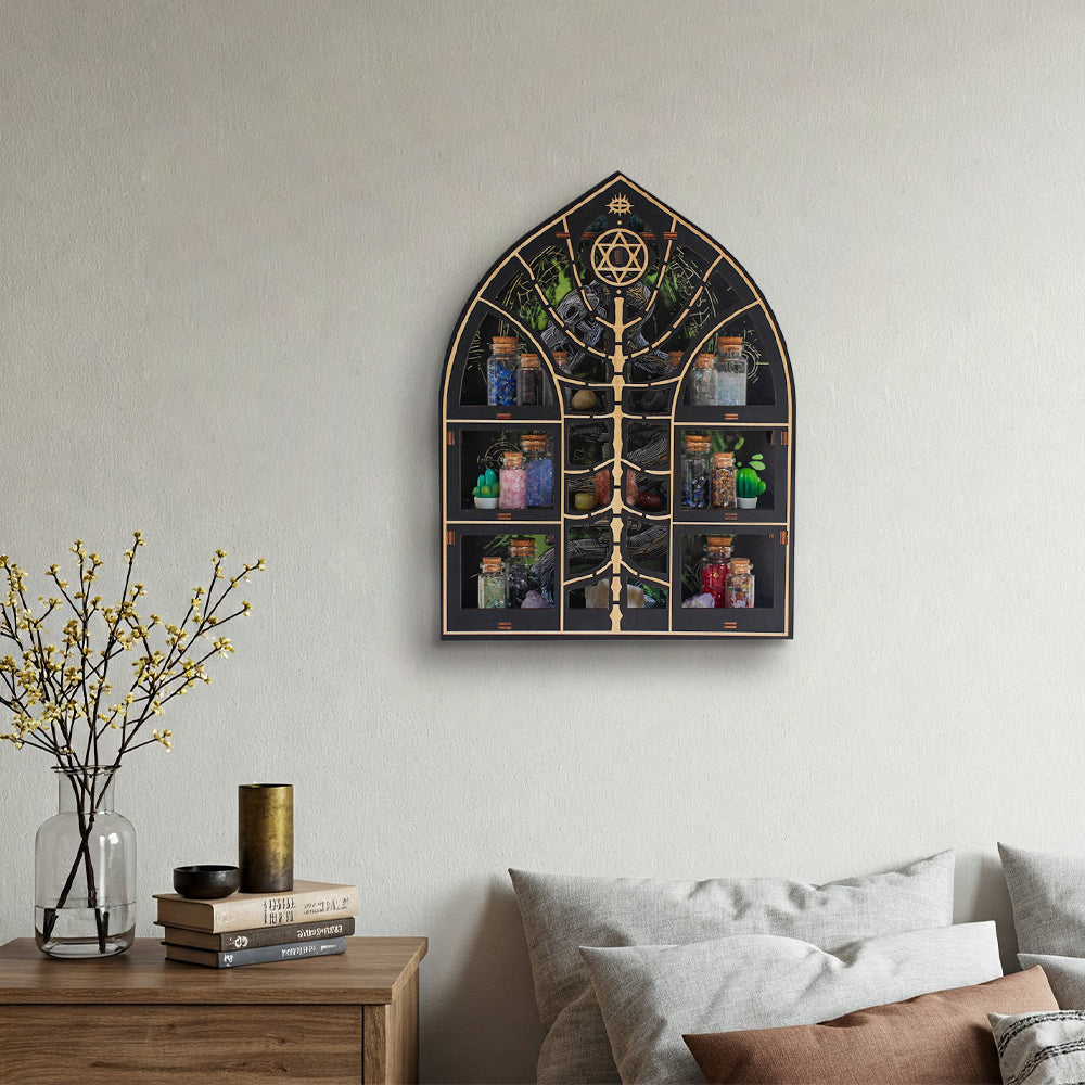 FNYDOXGI Wooden Floating Shelf, Gothic Trinket Display Shelf & Crescent Moon Wall Decor For Rocks Gems Healing Stones Crystals Display, Celestial Decor Crystal Holder Witchy Wall Decor, Halloween Decoration, Halloween Wall Decor Gift