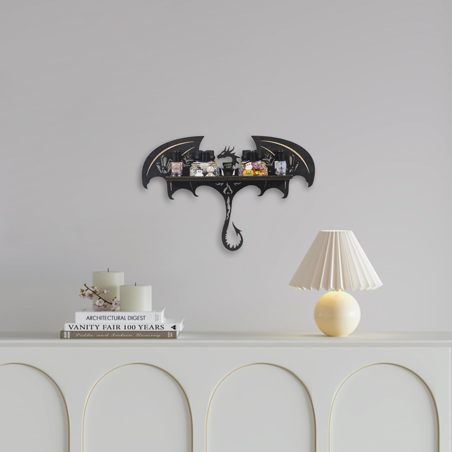 Gothic Evil Dragon Decor with LED Light Crystal Display Shelf for Wall, Wooden Witchy Shelf Rock Display Case Knick Knack Organizer Trinket Holder, Wall Hanging Shelves for Essential Oil & Nail Polish