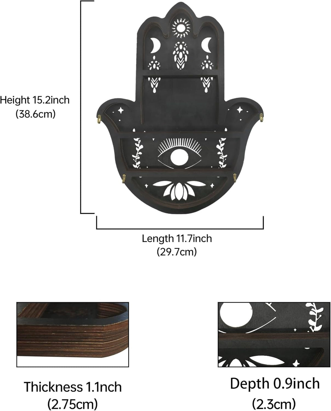 Hamsa Hand Crystal Shelf Display for Wall with 4 Hooks &amp; LED Light, Wooden Knick Knack Display Shelf, Sun &amp; Moon Gem Stone Rock Organizer Trinket Storage Holder