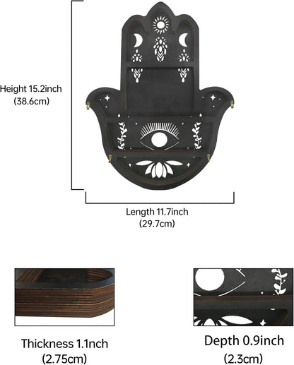 Hamsa Hand Crystal Shelf Display for Wall with 4 Hooks &amp; LED Light, Wooden Knick Knack Display Shelf, Sun &amp; Moon Gem Stone Rock Organizer Trinket Storage Holder