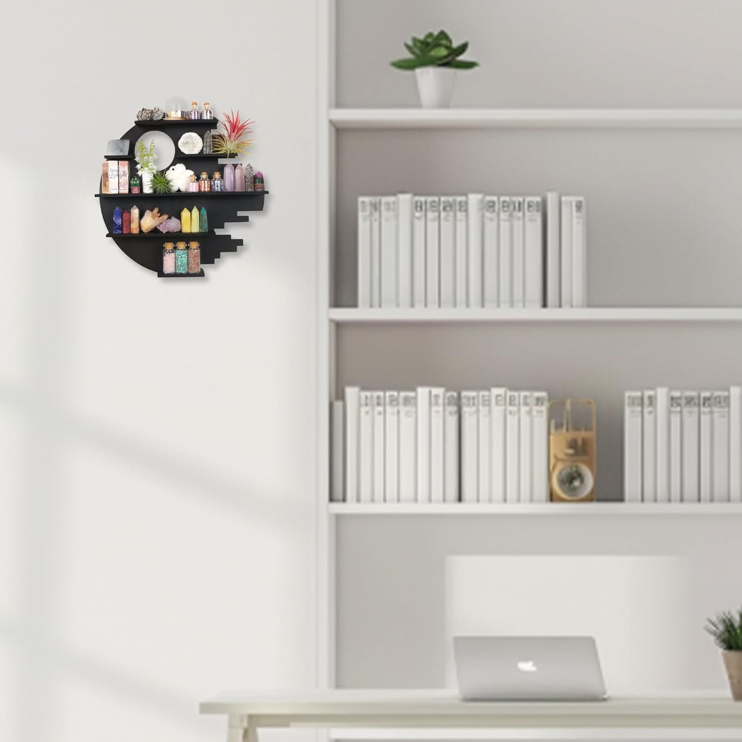 Wooden Moon Shelf, Crystal Shelf Display for Wall Rock Gem Stone Storage Organizer Trinkets Holder Knick Knack Shelf Collections Case Box Wall Mount, Standard