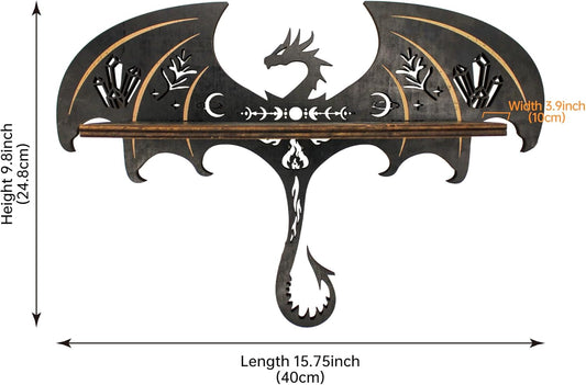Gothic Evil Dragon Decor with LED Light Crystal Display Shelf for Wall, Wooden Witchy Shelf Rock Display Case Knick Knack Organizer Trinket Holder, Wall Hanging Shelves for Essential Oil & Nail Polish