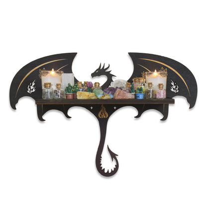 Gothic Evil Dragon Decor with LED Light Crystal Display Shelf for Wall, Wooden Witchy Shelf Rock Display Case Knick Knack Organizer Trinket Holder, Wall Hanging Shelves for Essential Oil &amp; Nail Polish