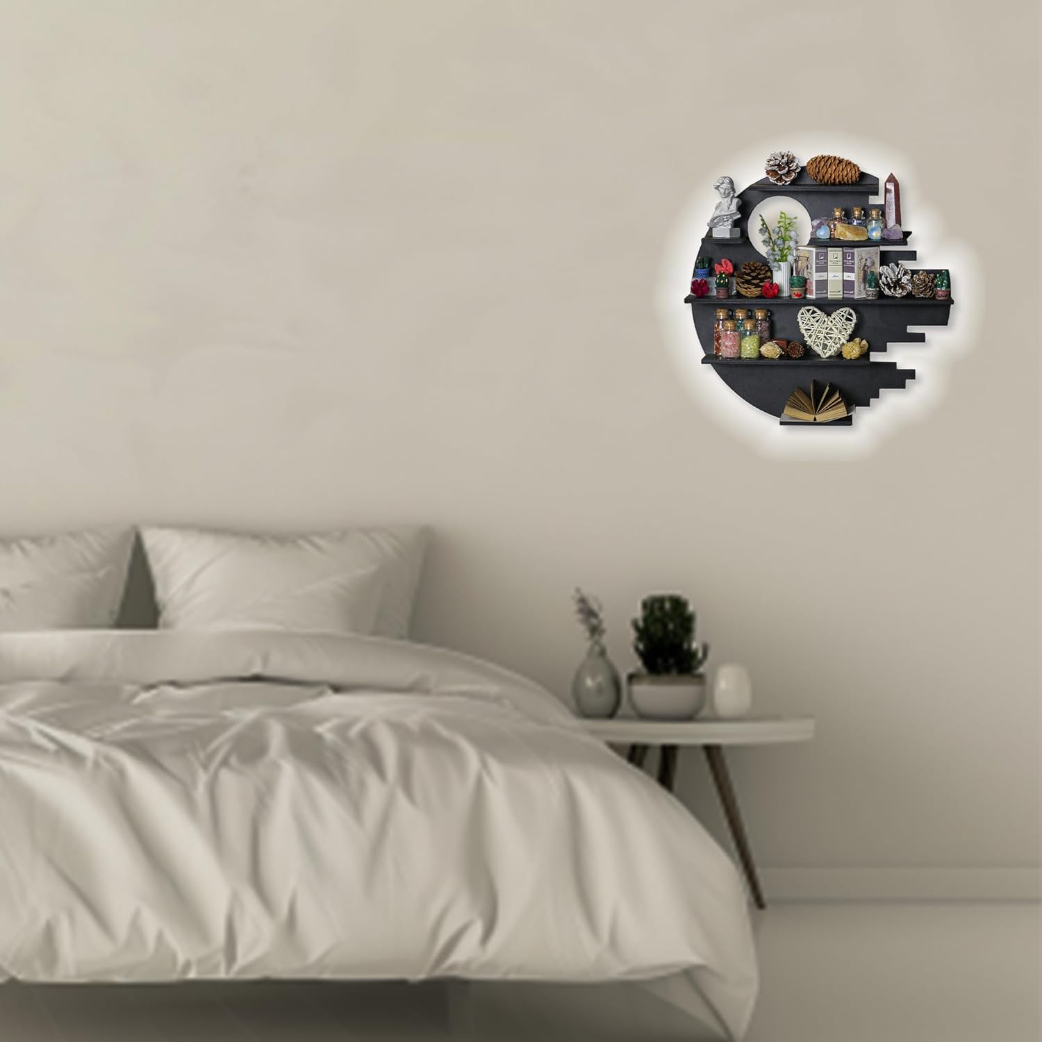 Wooden Moon Shelf with RGB Lights, Crystal Shelf Display for Wall Rock Gem Stone Shelf Witchy Trinkets Holder Boho Wall Decor Floating Shelves for Nail Polish & Essential Oil