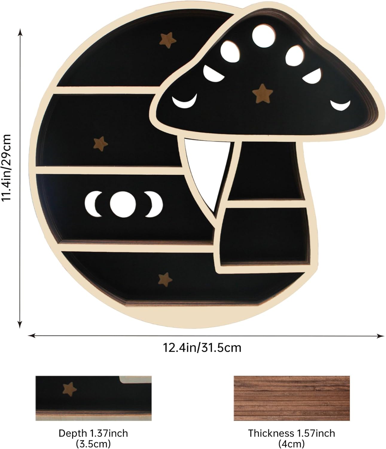 Cute Mushroom Decor, Wooden Mushroom Floating Shelves for Wall, Moon Shelf Wall Decor Crystal Rock Gem Stone Display Shelf, Trinket Knick Knack Shelf, Mushroom Gifts for Mushroom Lovers