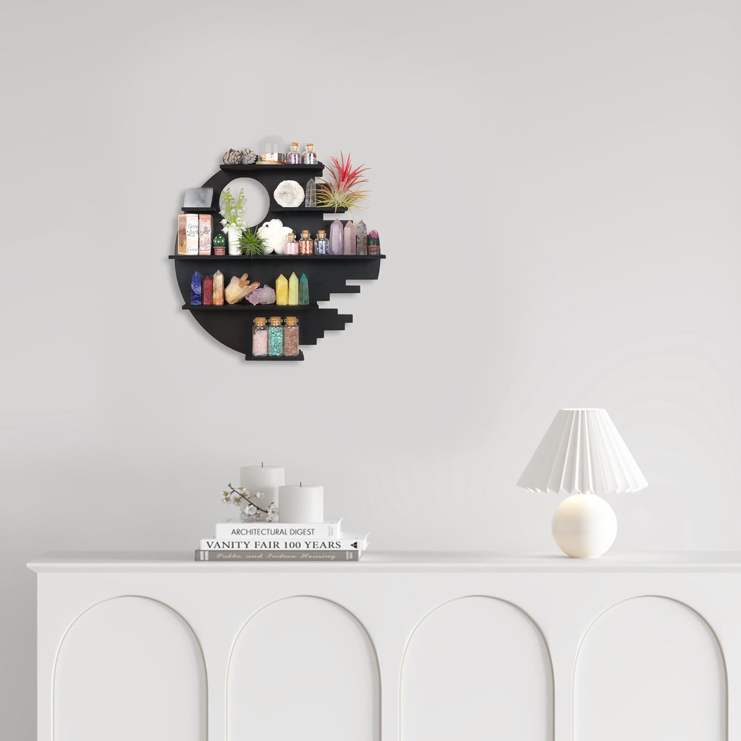 Wooden Moon Shelf, Crystal Shelf Display for Wall Rock Gem Stone Storage Organizer Trinkets Holder Knick Knack Shelf Collections Case Box Wall Mount, Standard