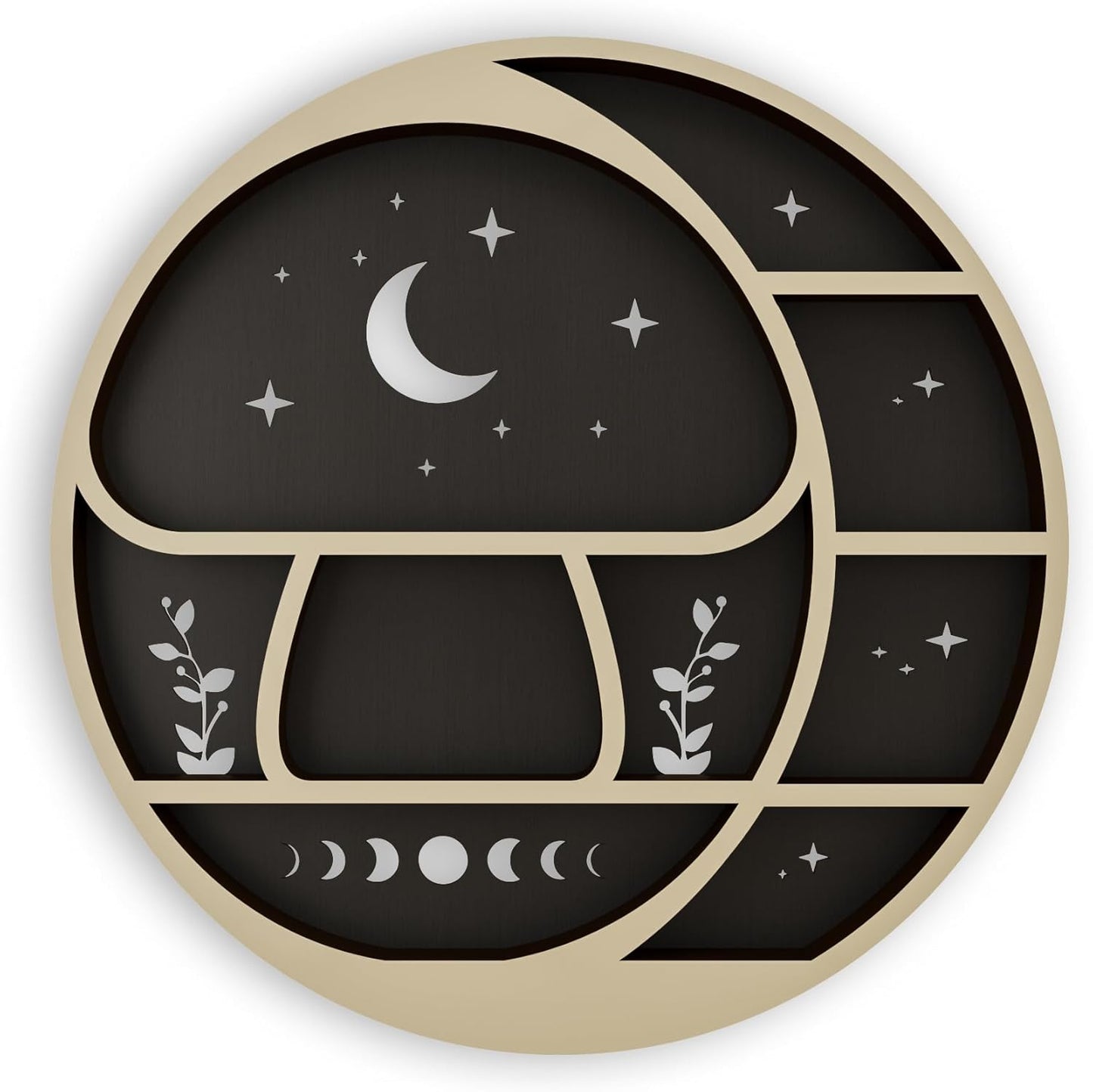 Circle Mushroom on The Moon Wall Shelf with LED Light, Wooden Trinket Knick Knack Shelf, Mushroom & Moon Decor Crystal Display Shelf for Rocks Gems Healing Stones, Cute Crystal Holder Organizer