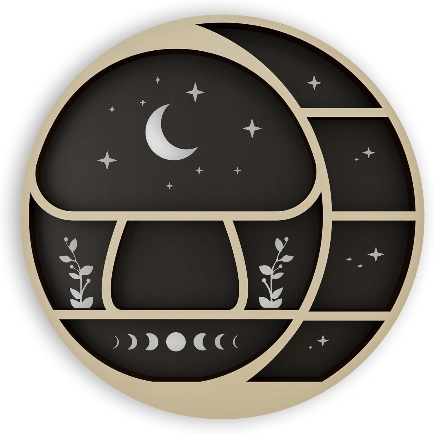 Circle Mushroom on The Moon Wall Shelf with LED Light, Wooden Trinket Knick Knack Shelf, Mushroom & Moon Decor Crystal Display Shelf for Rocks Gems Healing Stones, Cute Crystal Holder Organizer